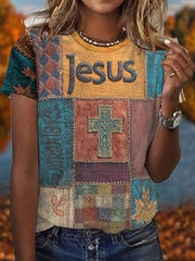 Women's Retro Casual Faith Cross Art Print Short Sleeve T-shirt