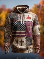 Men's Retro Casual Faith Cross Art Print Oversized Drop-Shoulder Pockets Hoodie