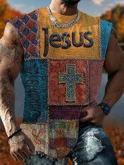 Men's Retro Casual Faith Cross Art Print Vests