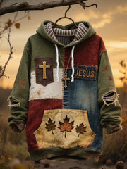 Men's Retro Casual Faith Cross Art Print Oversized Drop-Shoulder Pockets Hoodie