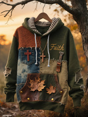 Men's Retro Casual Faith Cross Art Print Oversized Drop-Shoulder Pockets Hoodie