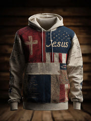 Men's Retro Casual Faith Cross Art Print Oversized Drop-Shoulder Pockets Hoodie