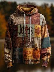 Men's Retro Casual Faith Cross Art Print Oversized Drop-Shoulder Pockets Hoodie