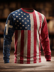 Men's Vintage Casual American Flag Faith Cross Long Sleeve T-shirt