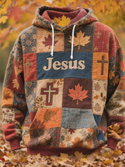 Men's Retro Casual Faith Cross Art Print Oversized Drop-Shoulder Pockets Hoodie