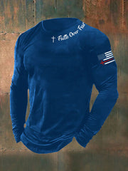 Men's Faih Over Fear Flag Cross Print  Long Sleeve T-shirt