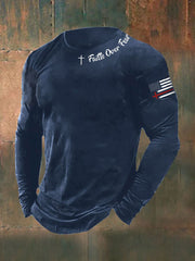 Men's Faih Over Fear Flag Cross Print  Long Sleeve T-shirt