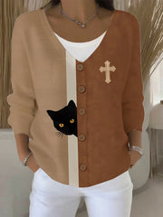 Women's Faith Cross Cute Cat Print Casual Cardigan