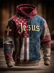 Men's Retro Casual Faith Cross Art Print Oversized Drop-Shoulder Pockets Hoodie