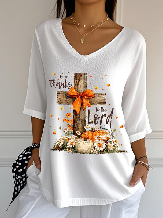 Women's Give Thanks To The Lord For He Is Good Psalm 136:1 Cross Printed V-Neck Top