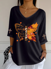 Women's Fall For Jesus Faith Cross Printed V-Neck Top