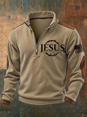 Men's Faith Cross Print Zipper Stand Collar Sweatshirt