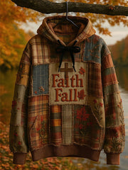 Men's Retro Casual Faith Cross Art Print Oversized Drop-Shoulder Pockets Hoodie