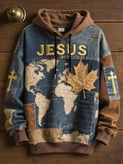 Men's Retro Casual Faith Cross Art Print Oversized Drop-Shoulder Pockets Hoodie