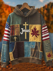 Men's Retro Casual Faith Cross Art Print Oversized Drop-Shoulder Pockets Hoodie
