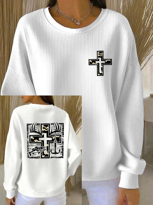 Women's Retro Faith Fishing Hunting Print Casual Sweatshirt