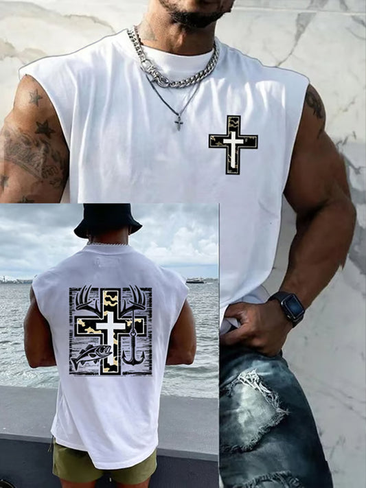 Men's Retro Faith Fishing Hunting Print Round Neck Tank Vests