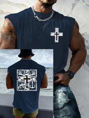 Men's Retro Faith Fishing Hunting Print Round Neck Tank Vests