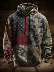 Men's Vintage American Flag Faith Cross Oversized Drop-Shoulder Hoodie with Pockets