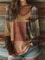 Women's Retro Casual Faith Cross Art Print V-Neck T-Shirt