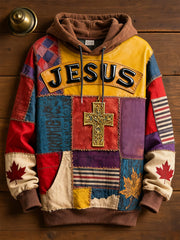 Men's Retro Casual Faith Cross Art Print Oversized Drop-Shoulder Pockets Hoodie