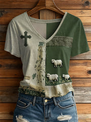 Women's Faith Cross Cute Lamb Short Sleeve T-shirt