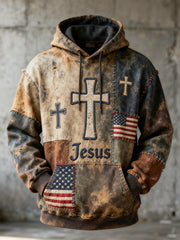Men's Vintage Jesus Cross Oversized Drop-Shoulder Hoodie with Pockets