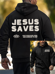 Men's Jesus Saves Faith Printed Oversized Drop-Shoulder Hoodie with Pockets