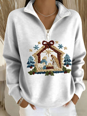 Women's Nativity Print Casual Zip-Up Top