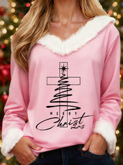 Women's Merry Christmas Jesus Christmas Tree Cross Print Casual Fur-Collar Top
