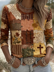 Women's Autumn Faith Cross Floral Patchwork Print Long Sleeve Top