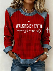 Women's Walking by Faith Tripping Constantly Cross Waffle Sweatshirt