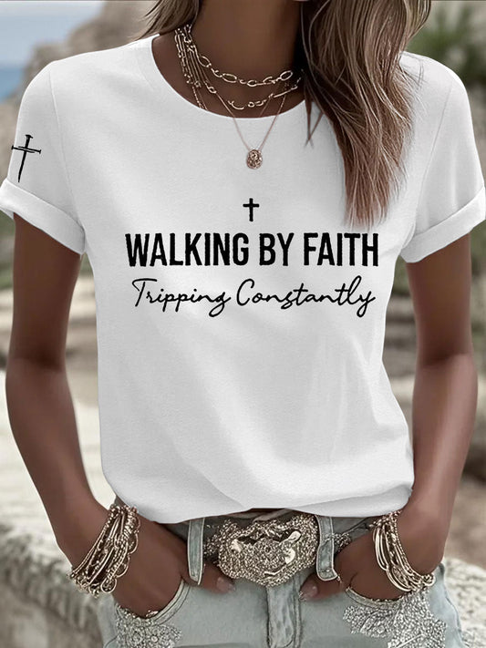 Women's Walking by Faith Tripping Constantly Cross Short Sleeve T-Shirt