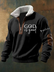 Men's God Is Good Cross Print Zipper Fur Collar Sweatshirt
