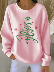 Women's Jesus Chriatmas Tree Ribbed Round-Neck Sweatshirt