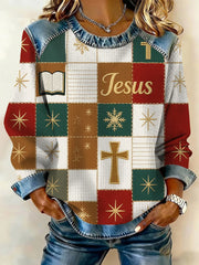 Women's Juesu Christmas Cross Print Printed Denim Patchwork Waffle Top
