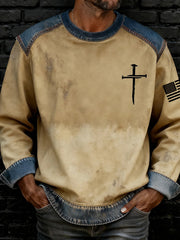 Men's Faith Cross Printed Denim Patchwork Sweatshirt