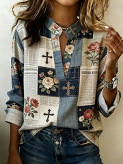 Women's Cross Floral Print Casual T-shirt