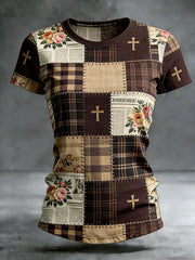 Women's Cross Floral Print Casual T-shirt