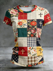 Women's Cross Floral Print Casual T-shirt