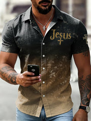 Men's Christian Jesus Cross Printed Casual Cotton Linen Short Sleeve Shirt