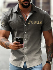Men's Christian Jesus Cross Printed Casual Cotton Linen Short Sleeve Shirt