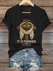 Women's He Is Risen It’s Finished Easter Jesus Christian Cross Print Casual V-Neck Tee
