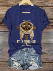 Women's He Is Risen It’s Finished Easter Jesus Christian Cross Print Casual V-Neck Tee
