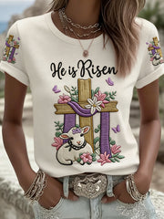 Women's He Is Risen Jesus Christian Cross Lamb Print Tee