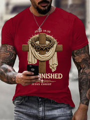 Men's He Is Risen It’s Finished Jesus Christian Cross Print Casual Tee
