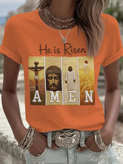 Women's He Is Risen Jesus Christian Cross Print Tee