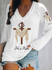 Women's He Is Risen Jesus Christian Cross Print Casual V-Neck Long-Sleeve T-Shirt
