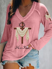 Women's He Is Risen Jesus Christian Cross Print Casual V-Neck Long-Sleeve T-Shirt