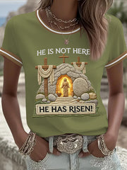 Women's He Is Not Here He Has Risen! Jesus Christian Cross Print Casual Tee